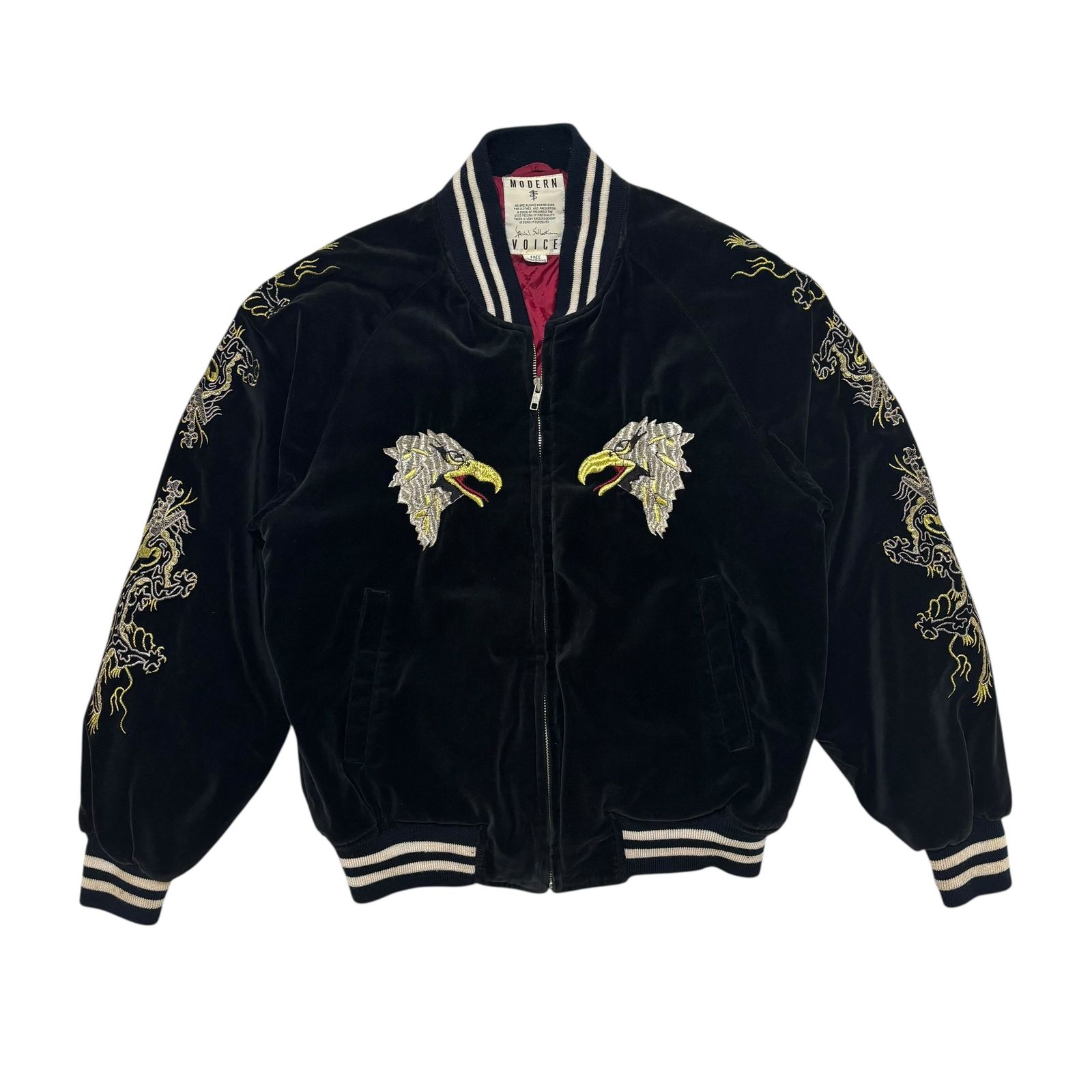 古着 モダンボイス MODERN VOICE スカジャン スーベニアジャケット 90s 龍 鷹 刺繍 別珍 クリーニング済み メンズ 実寸L
