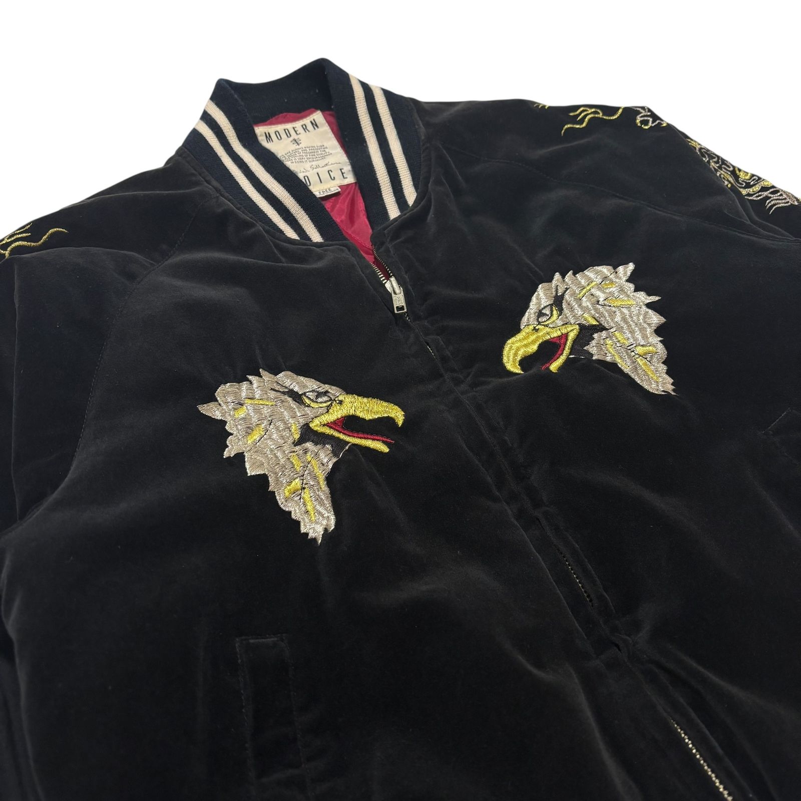 古着 モダンボイス MODERN VOICE スカジャン スーベニアジャケット 90s 龍 鷹 刺繍 別珍 クリーニング済み メンズ 実寸L