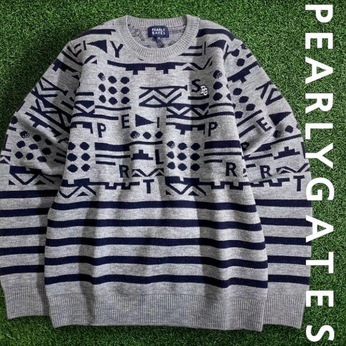 パーリーゲイツ ゴルフ 12 G天竺 ウール混ジャガード WJQ ナバホ ボーダー柄 クルーネック 長袖 ニットプルオーバー セーター ゴルフウェア 053 2270109 定価3 7万 グレー ダークネイビー 041 51111 w 11