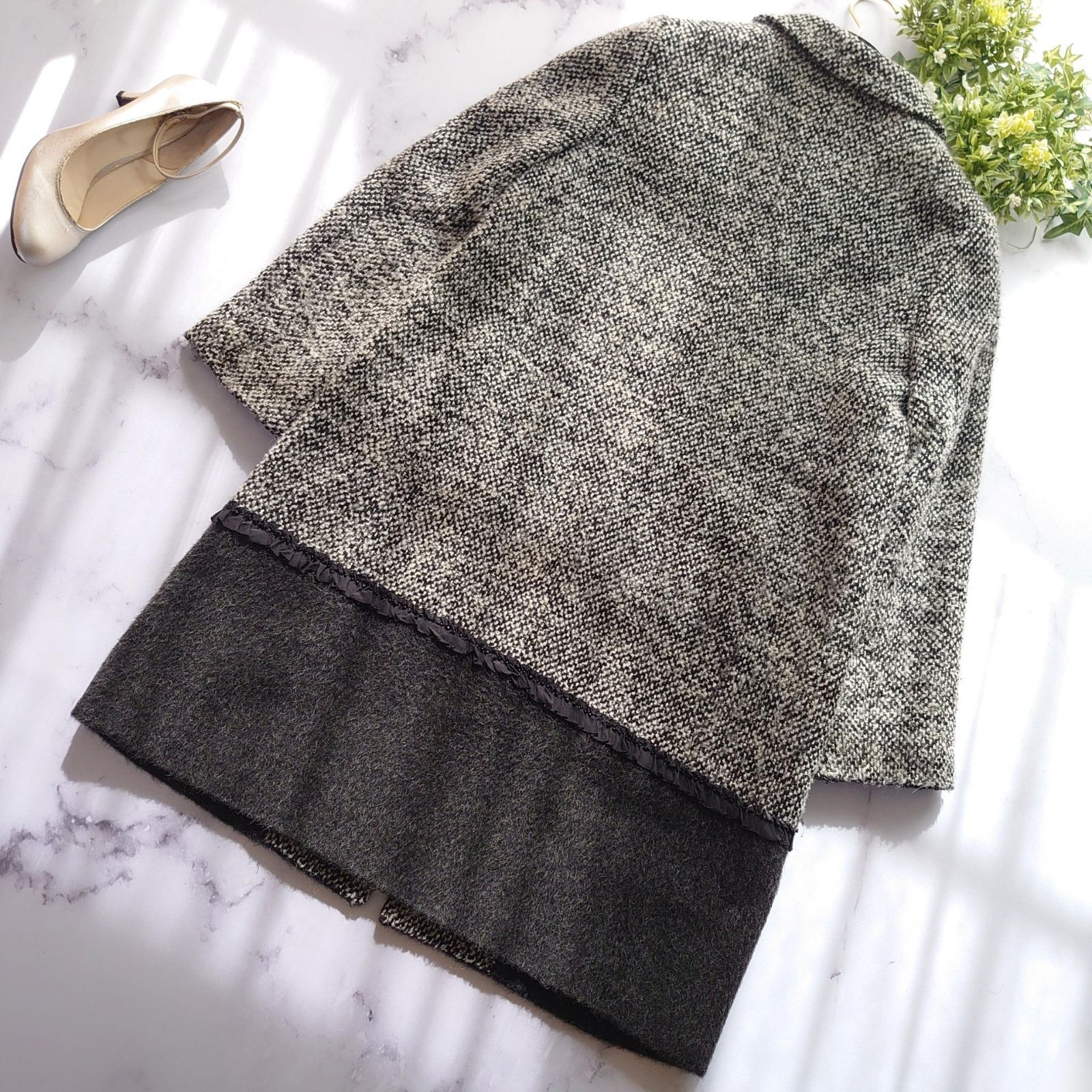 トッカ L相当 アルパカ混 ツイード ロングコート ブラック 黒 グレー