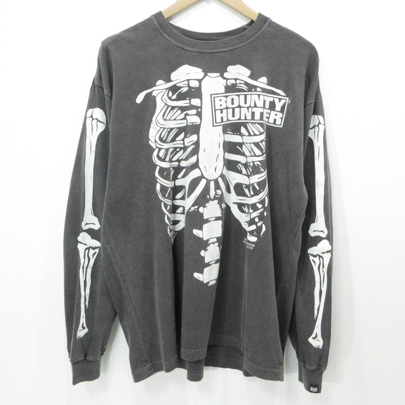 三重本店 NEIGHBORHOOD ネイバーフッド × BOUNTY HUNTER バウンティーハンター TEE LS-1 加工スカルプリント長袖Tシャツ 骨 ダメージ加工 グレー サイズ XL 103