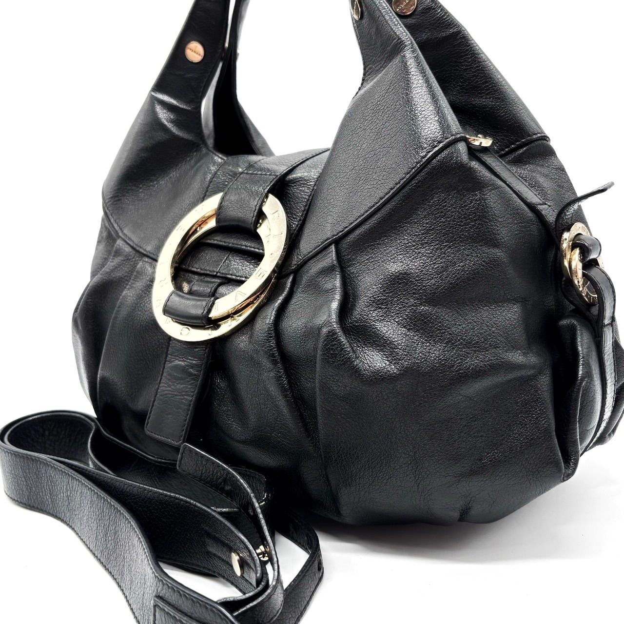 BVLGARI ブルガリ サークル ゴールド金具 2 way ショルダーバッグ ハンドバッグ ブラック 黒 オールレザー レディース メンズ ユニセックス 男女 ヴィンテージ