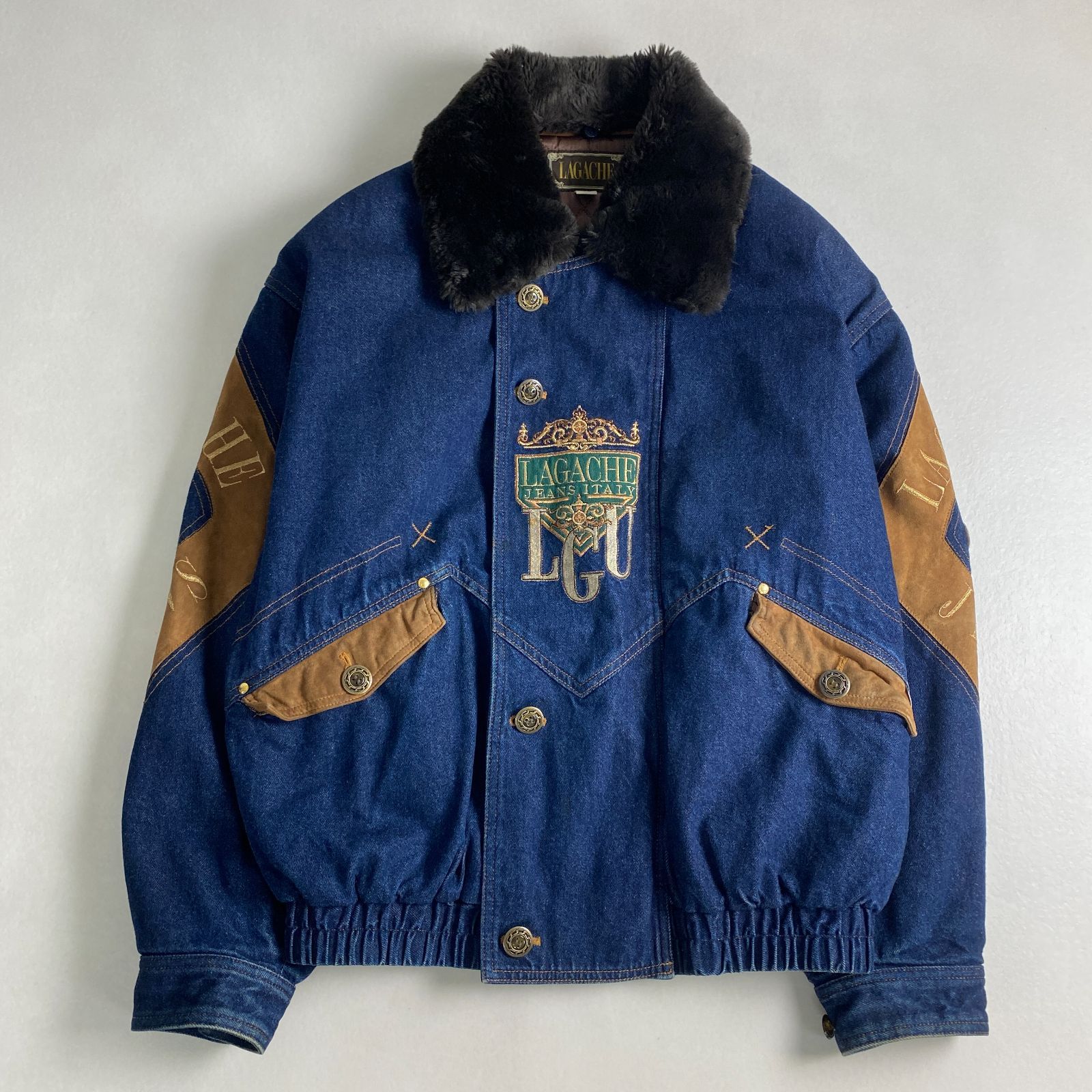 ラガチェ ブルゾン デニムジャケット ー 刺しゅう ファー LAGACHE 刺繍ロゴ ネイビー×ブラウン 48 L XL相当