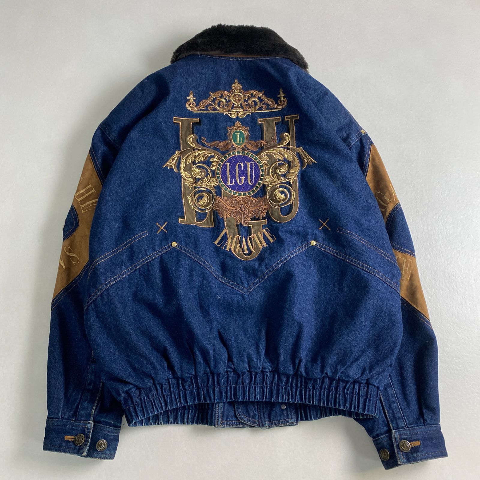 ラガチェ ブルゾン デニムジャケット ー 刺しゅう ファー LAGACHE ファー 刺繍ロゴ ネイビー×ブラウン 48 L XL相当
