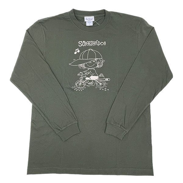 水森亜土 刺繍ロングスリーブTシャツ (ジテンシャ) アーミーグリーン 長袖 アパレル