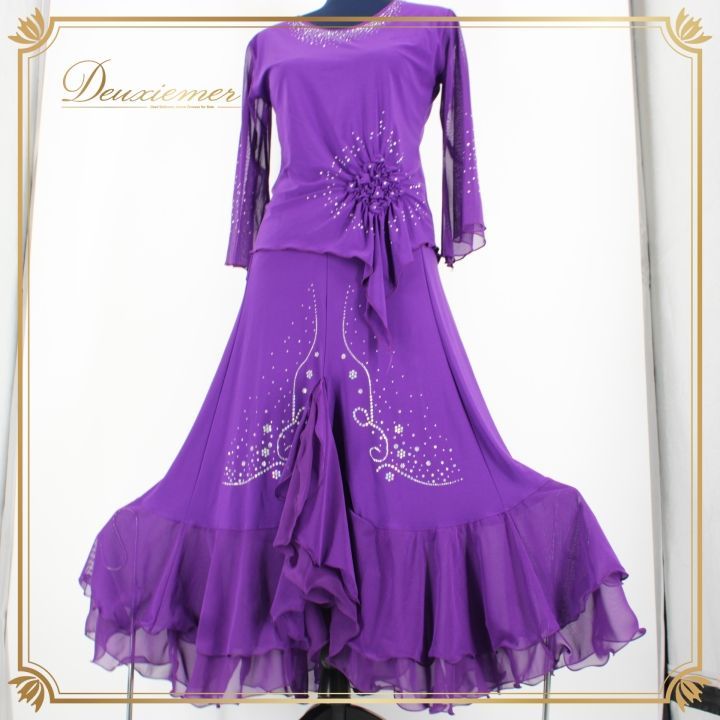 社交ダンス 衣装 上下セット ツーピース パーティ衣装 女性用 レディース オールシーズン ACROSS パープル系 紫 ラインストーン レース パーティー ダンス衣装 練習着 フォーマル ストレッチ スカート ワンピース 衣装セット かわいい