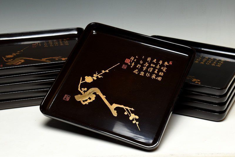 蔵A 3545 a 能登輪島塗 布着堅地 蒔絵四方盆 会席盆 十客