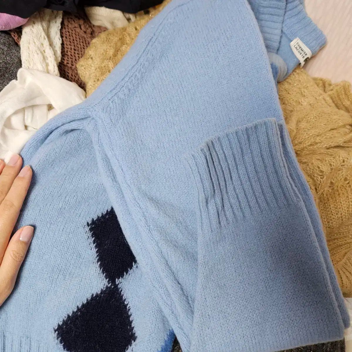 便利な ヴィンテージ LACOSTE ラコステ アーガイル Vネック ニット ブルー XS 子供 全国送料無料。