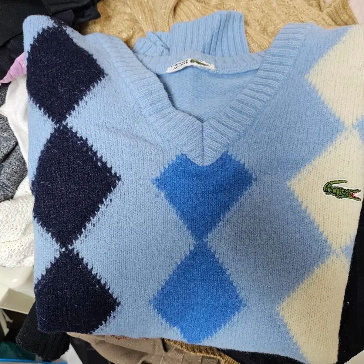 ヴィンテージ LACOSTE ラコステ アーガイル Vネック ニット ブルー XS 子供