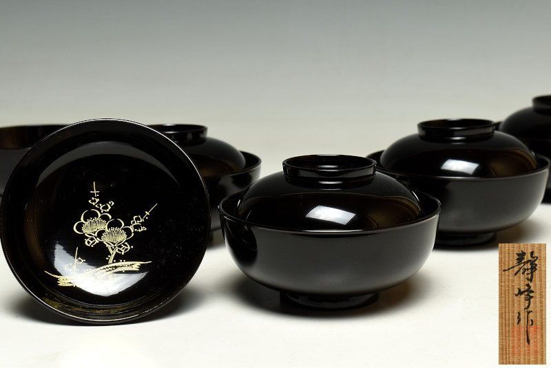 蔵A 3491 輪島塗 大家義男 静峰 沈金絵替花文 吸物椀 汁椀 五客 共箱
