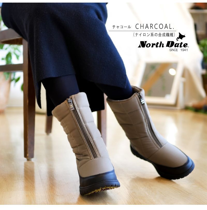 NORTH DATE 防寒ブーツ スノー ミドル丈 ノースデート 裏起毛 軽量 撥水加工 スパイクON OFF付き チャコール