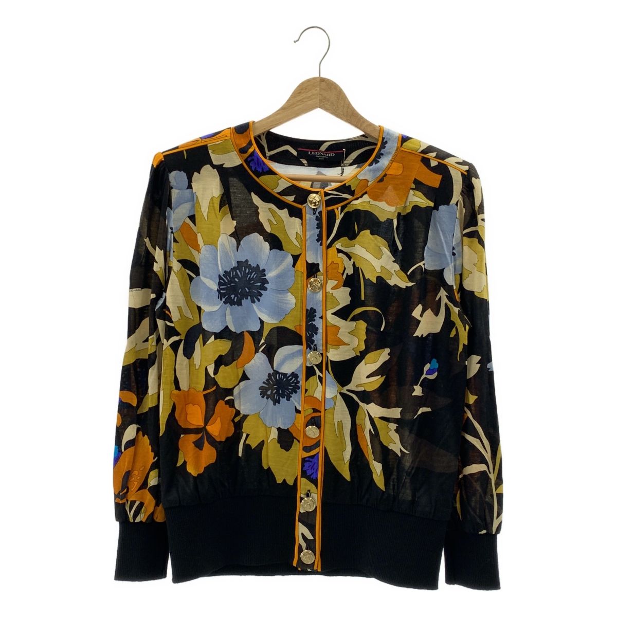 【未使用級】レオナール カーディガン 金ボタン ブラック Lサイズ 美品】 LEONARD / レオナール | ウール シルク 総柄 金ボタン