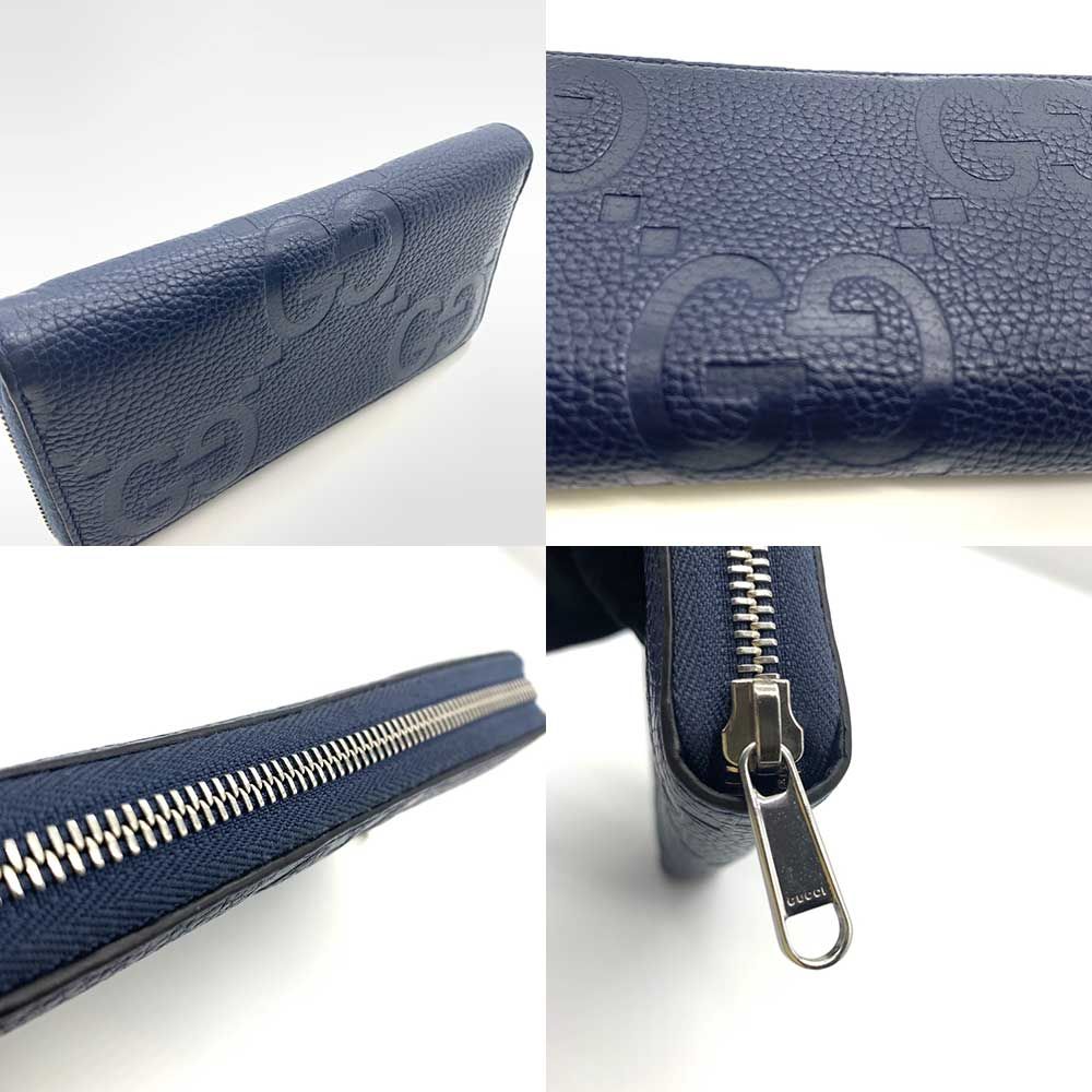 美品　GUCCI 大容量　シボレザー　ラウンドファスナー　ブルーグレー　長財布 グッチ 長財布 ジャンボGG ラウンドファスナー レザー ネイビー 825958