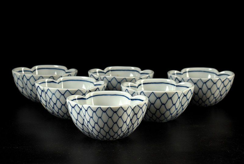 【蔵A3378a】陶楽造 染付網目文 木瓜形向付 小鉢 六客