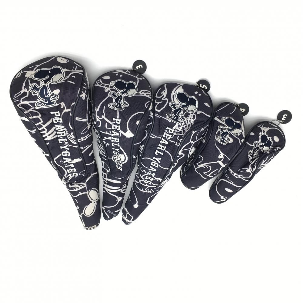 パーリーゲイツ×PEANUTS ヘッドカバー5点セット DR FW×2 UT×2 ネイビー×白 スヌーピー総柄ゴルフ PEARLY GATES