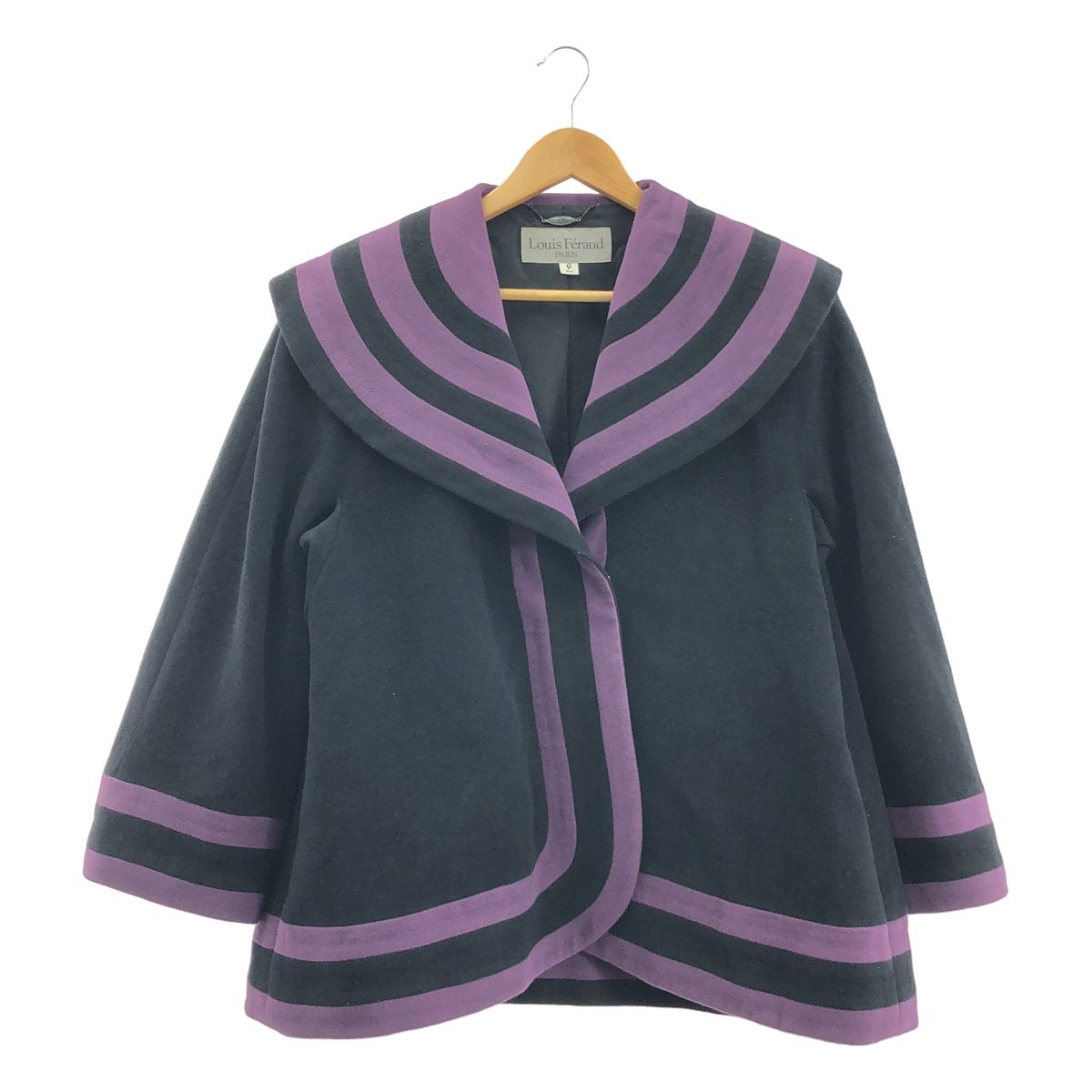 None Louis Feraud ルイフェロー ウール オーバージャケット ロゴ総裏地 9 ブラック パープル レディース