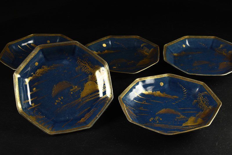 蔵A 3463 c 古伊万里 瑠璃金彩 中皿 八角皿 五客