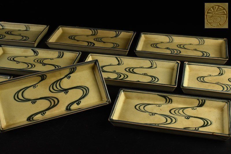 蔵A 3183 b 乾山写 京焼 水模様 長方皿 十客