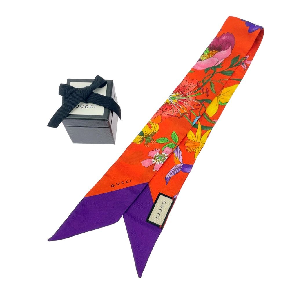 中古】【箱付き】 GUCCI グッチ シルク 花柄 ネックボウ スカーフ