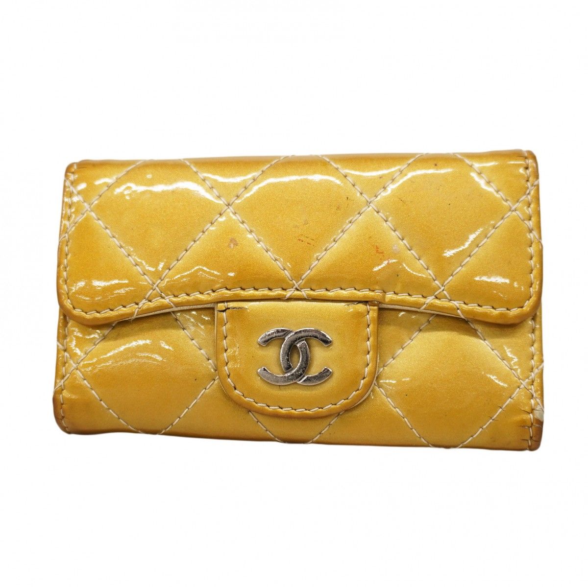 5oc1693 シャネル キーケース マトラッセ パテントレザー ベージュ シルバー金具 レディース