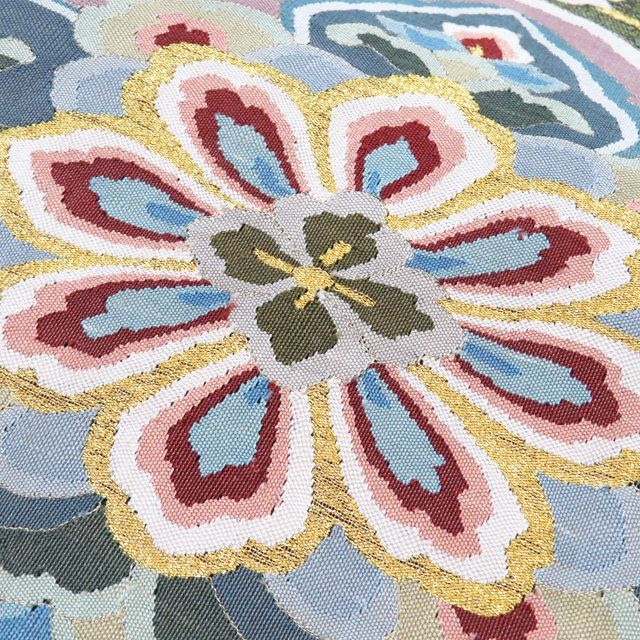 明綴れ織 手織 蜀江文 袋帯 華紋 四季の花々 正絹 お太鼓柄 Q1217