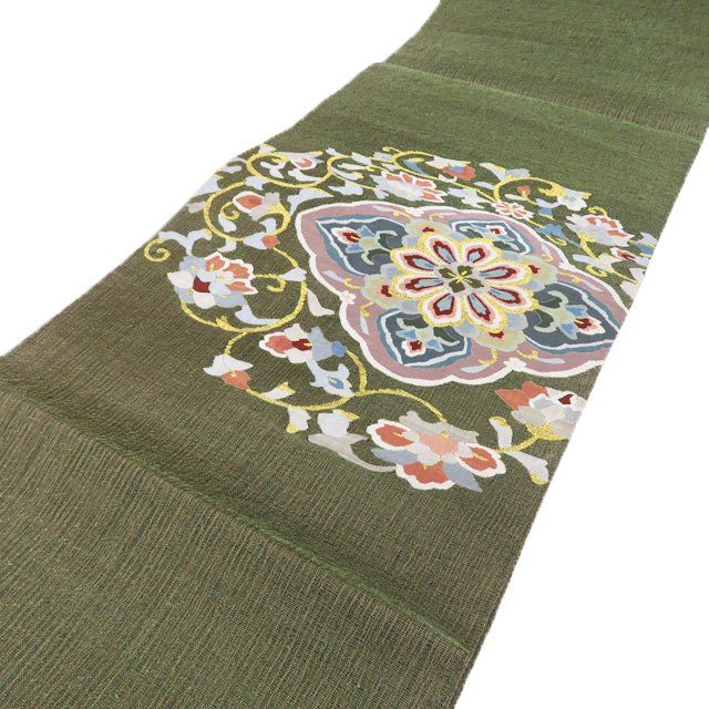 袋帯 リサイクル 正絹 フォーマル 仕立て上がり お太鼓柄 明綴れ 華文 花紋 箔糸 草色 多色 金 きもの北條 A 1296 2