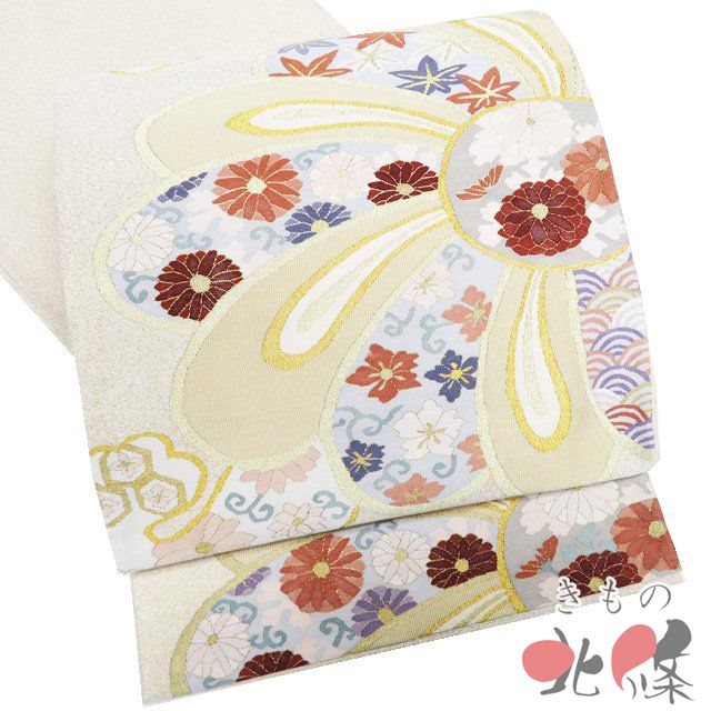 袋帯 リサイクル 正絹 フォーマル 仕立て上がり 三通 綴れ織 花模様 箔糸 金通し 象牙色 多色 金 きもの北條 A 1296-12