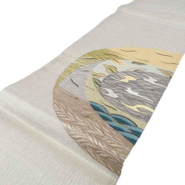 袋帯 リサイクル 正絹 仕立て上がり リバーシブル よろけ織 すくい織 波筬織 銀通し 灰白色 多色 きもの北條 A 1296 14