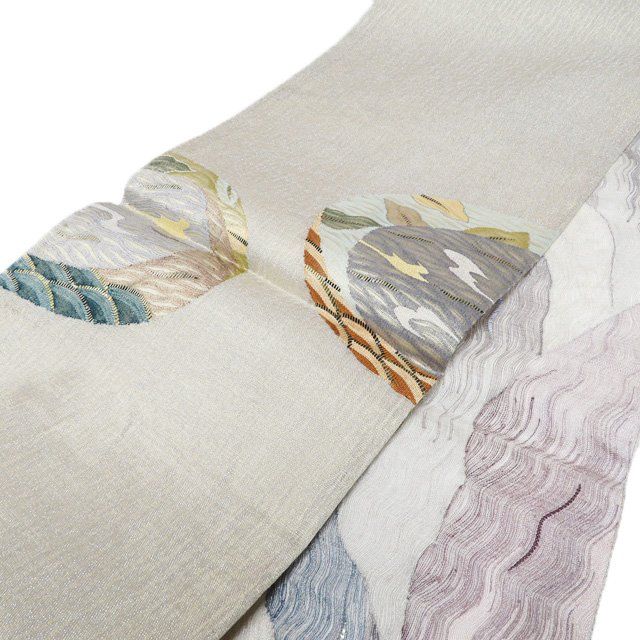  袋帯 リサイクル 正絹 仕立て上がり リバーシブル よろけ織 すくい織 波筬織 銀通し 灰白色 多色 きもの北條 A 1296-14 袋帯 帯