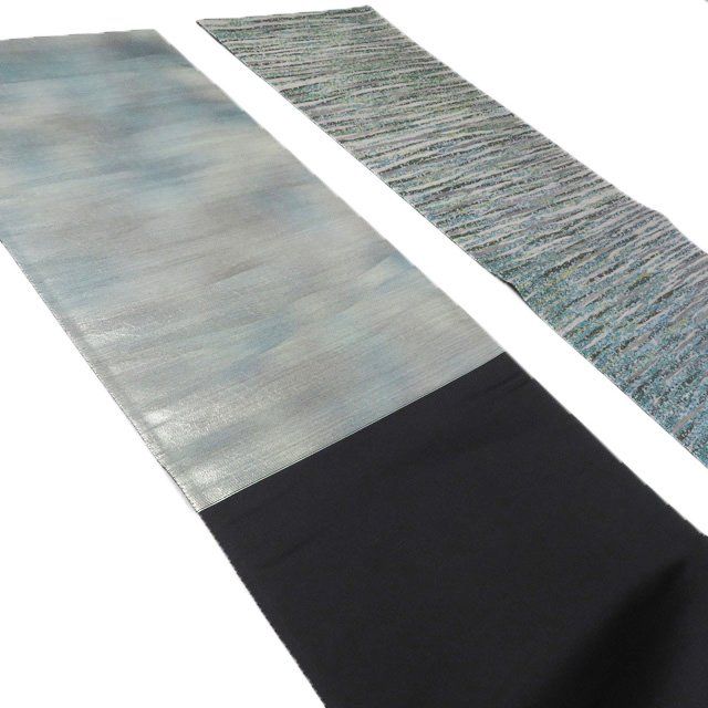  袋帯 正絹 フォーマル 仕立て上がり 三通 螺鈿箔 作家物 落款 引箔 緑色 薄灰色 黒色 金銀 きもの北條 A 1296-10 袋帯 帯