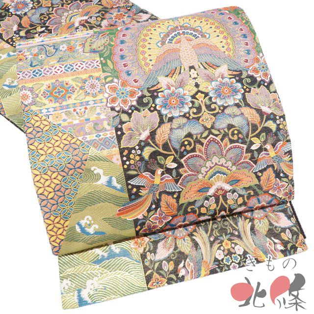 袋帯 リサイクル 正絹 フォーマル 仕立て上がり 六通 1800細緻織 華文 花紋 唐草孔雀文 箔糸 多色 金 きもの北條 A 1296-3