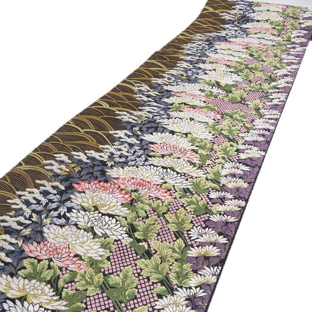 袋帯 正絹 フォーマル 仕立て上がり 六通 波地菊華献上 菊模様 波文 箔糸 黒色 多色 金 きもの北條 A 1296-6