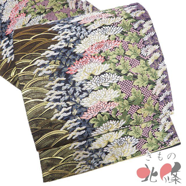 袋帯 正絹 フォーマル 仕立て上がり 六通 波地菊華献上 菊模様 波文 箔糸 黒色 多色 金 きもの北條 A 1296-6