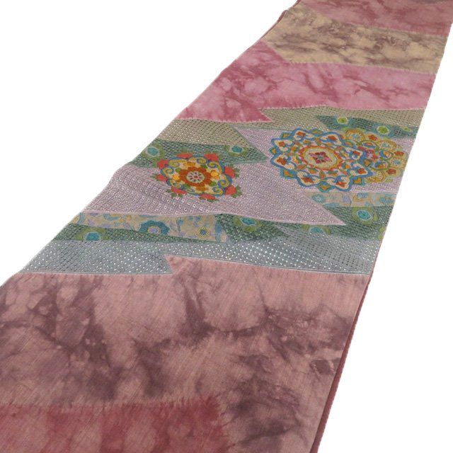 袋帯 リサイクル 正絹 紬地 カジュアル 汕頭刺繍 スワトウ 中国刺繍 華文 花紋 マルチ 小豆色 多色 きもの北條 A 1296 5