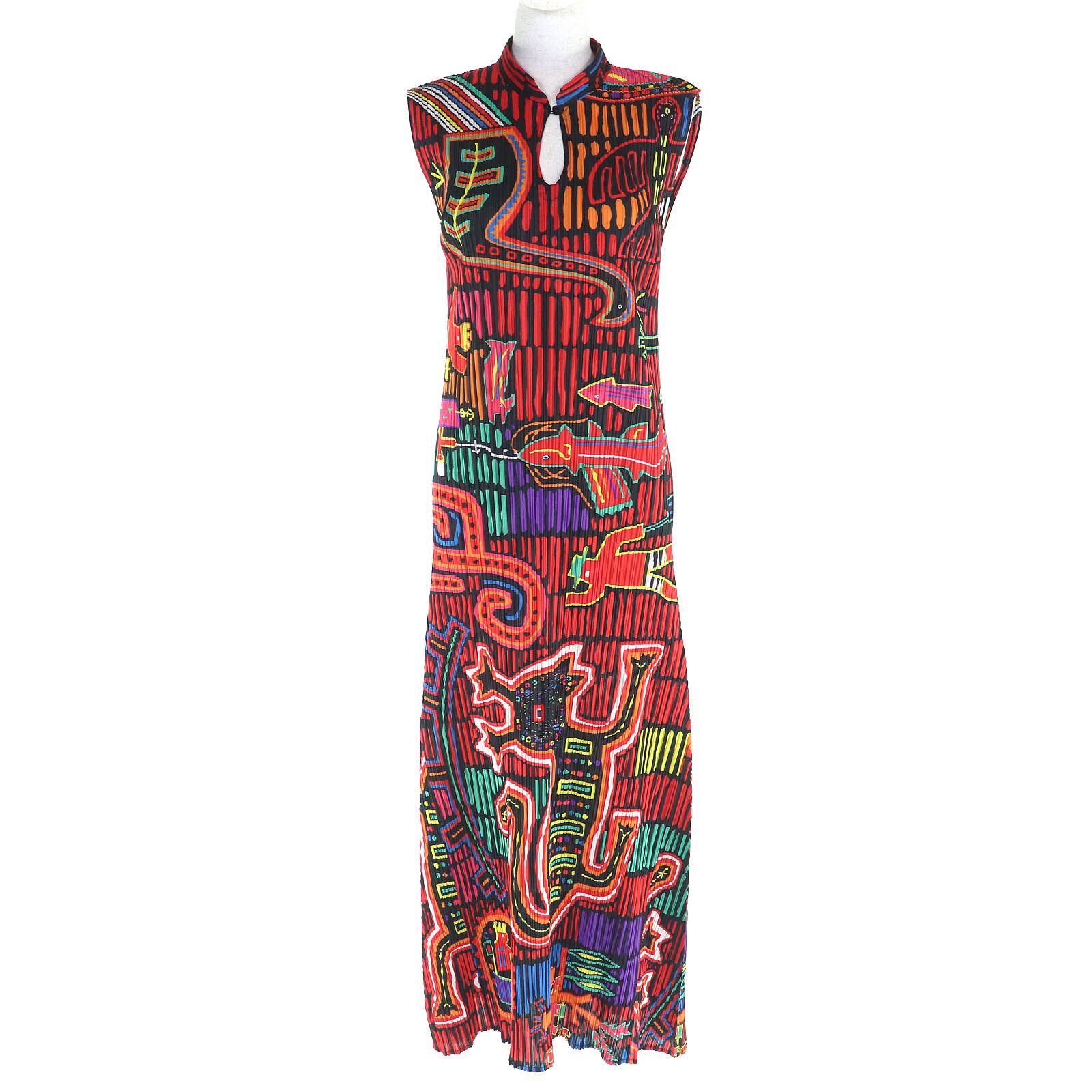 PLEATS PLEASE プリーツプリーズ イッセイミヤケ PP22-JH717 総柄 チャイナ アニマルエスニック ノースリーブ ロング ワンピース レッド ブラック マルチ 3 レディース