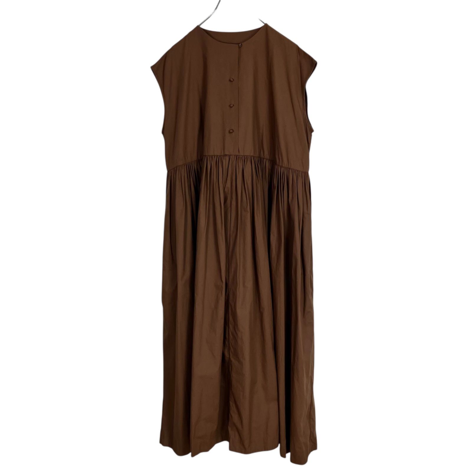KHADI-CO 2025AW GATHERED DRESS-ARIA ギャザーロング ノースリーブ シャツワンピース M ブラウン 茶 カディーアンドコー ジャーナル ラックス取扱 22-040-450-0007-3-0