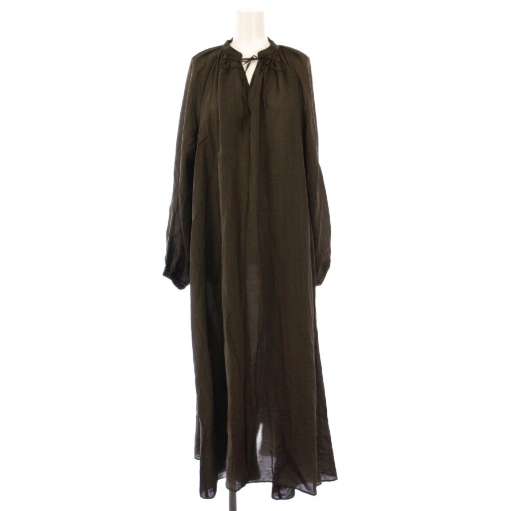 【中古】プルミエ アロンディスモン レーヨンナイロンギャザーワンピース マキシ ロング 長袖 シアー 36 カーキ 1er Arrondissement プルミエ アロンディスモン レーヨンナイロン
