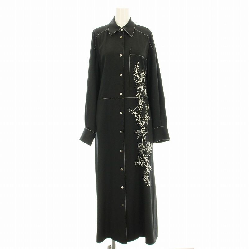 アドーア ADORE 22SS フラワーバード刺繍シャツワンピース 531-2140205 ロング 花柄 オープンバック 長袖 38 黒 ブラック /☆G