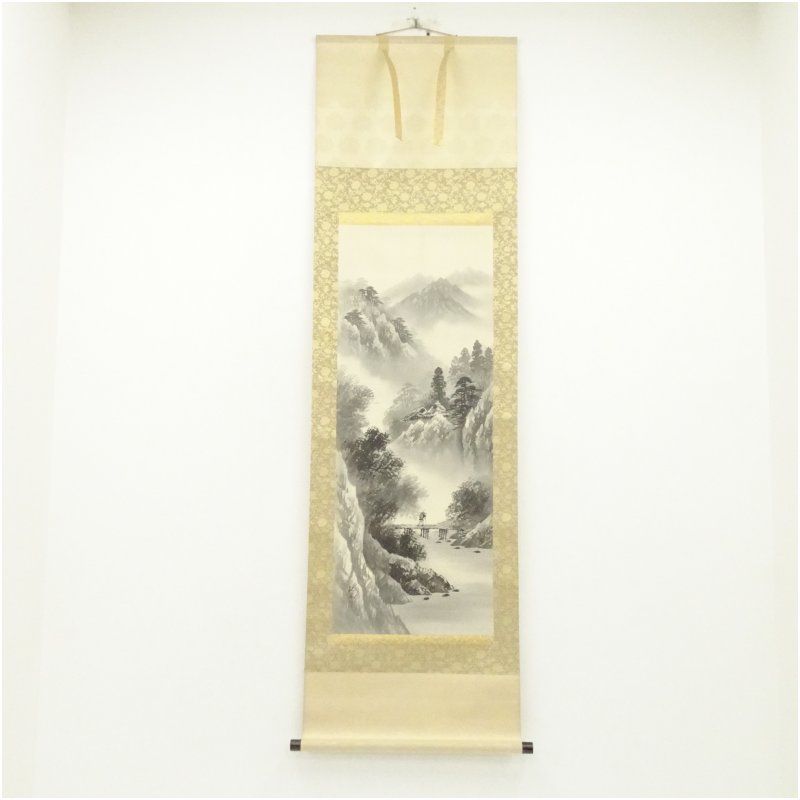 岱招鳳筆 水墨山水 肉筆絹本掛軸（共箱） 掛け軸 床の間 書 おしゃれ