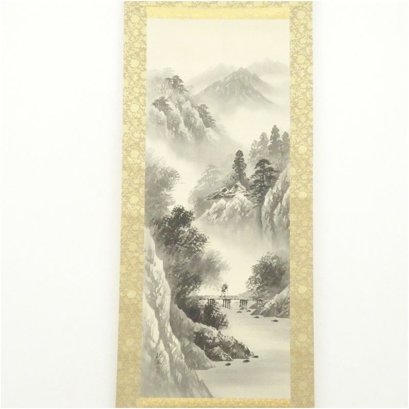 岱招鳳筆 水墨山水 肉筆絹本掛軸（共箱） 掛け軸 床の間 書 おしゃれ