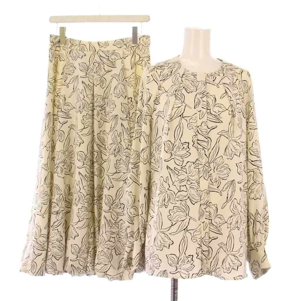 【中古】レリアン BOURGE セットアップ シャツ ブラウス 長袖 クルーネック フレアスカート 40 黒 アイボリー レリアン Leilian BOURGE セットアップ シャツ ブラウス 長袖 クルー