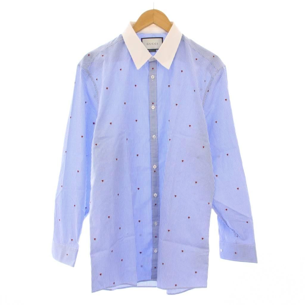 グッチ GUCCI カジュアルシャツ 長袖 レギュラーカラー チェック柄 ハート柄 刺繍 43 青 ブルー /BB