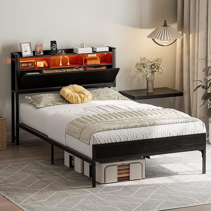 ベッドフレーム シングル パイプベッド コンセント USB充電 RGBライト付き IKIFLY ベッドフレーム 収納宮棚付き パイプベッド コンセント付き
