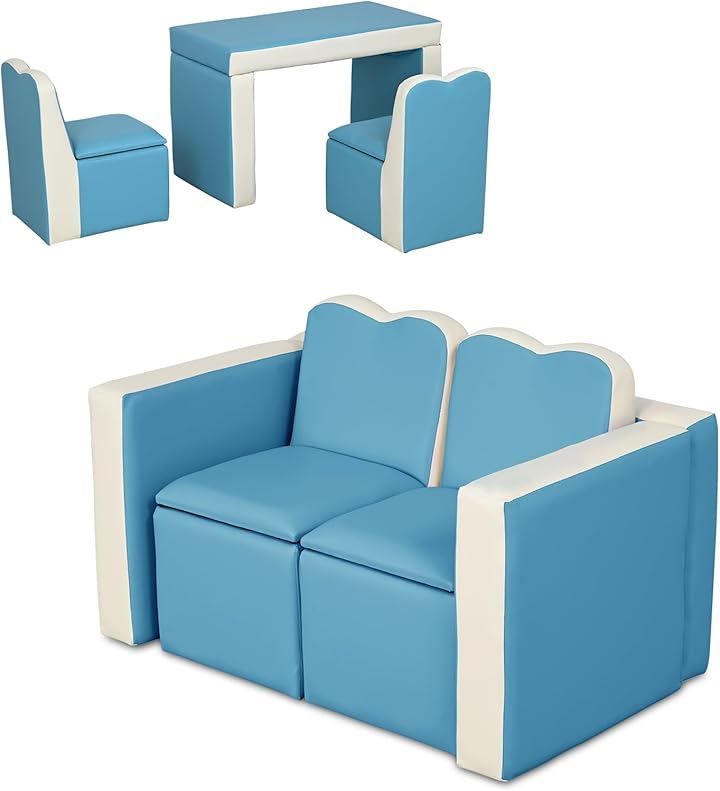 IKIFLY キッズ ソファ 子供用ソファーテーブル セット選べる 肘掛けがテーブルになるソファ 組立不要 一人掛け 子ども用 チェア キッズルーム 子供部屋 リビング ブルー 2人掛け