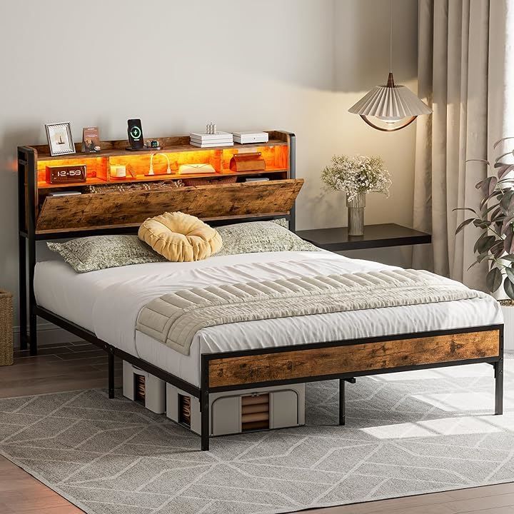IKIFLY ベッドフレーム 収納宮棚付き パイプベッド コンセント付き