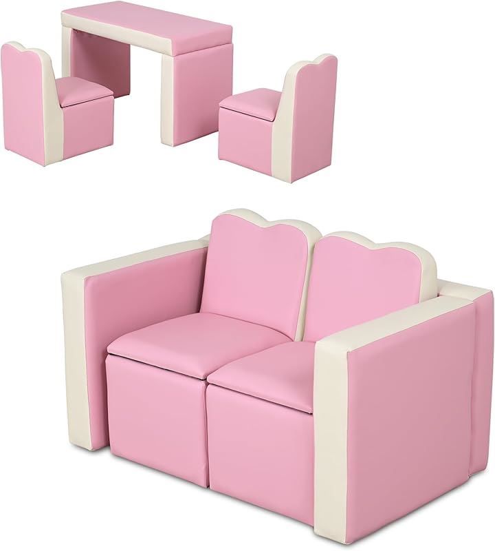 IKIFLY キッズ ソファ 子供用ソファーテーブル セット選べる 肘掛けがテーブルになるソファ 組立不要 一人掛け 子ども用 チェア キッズルーム 子供部屋 リビング ピンク 2人掛け