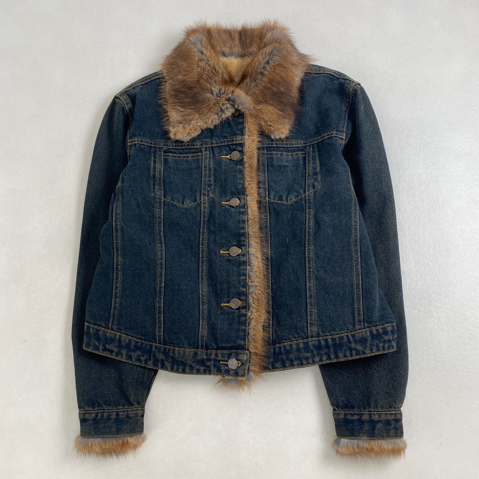 デニムジャケット 毛皮 リアルファー ライナー付き 2way 着脱可 Y2K ブルー