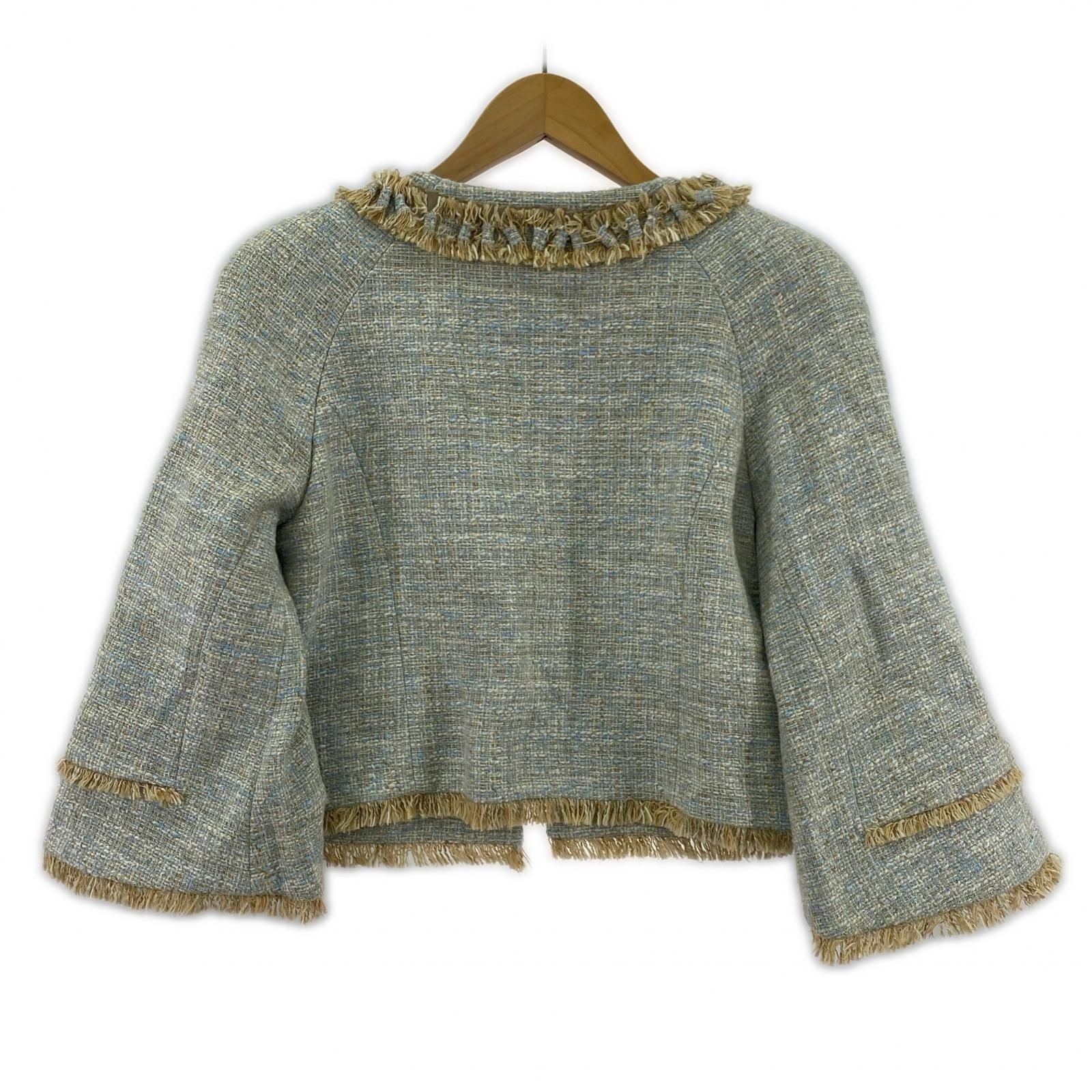 FOXEY フォクシー フリンジ ノーカラージャケット size38/ライトブルー