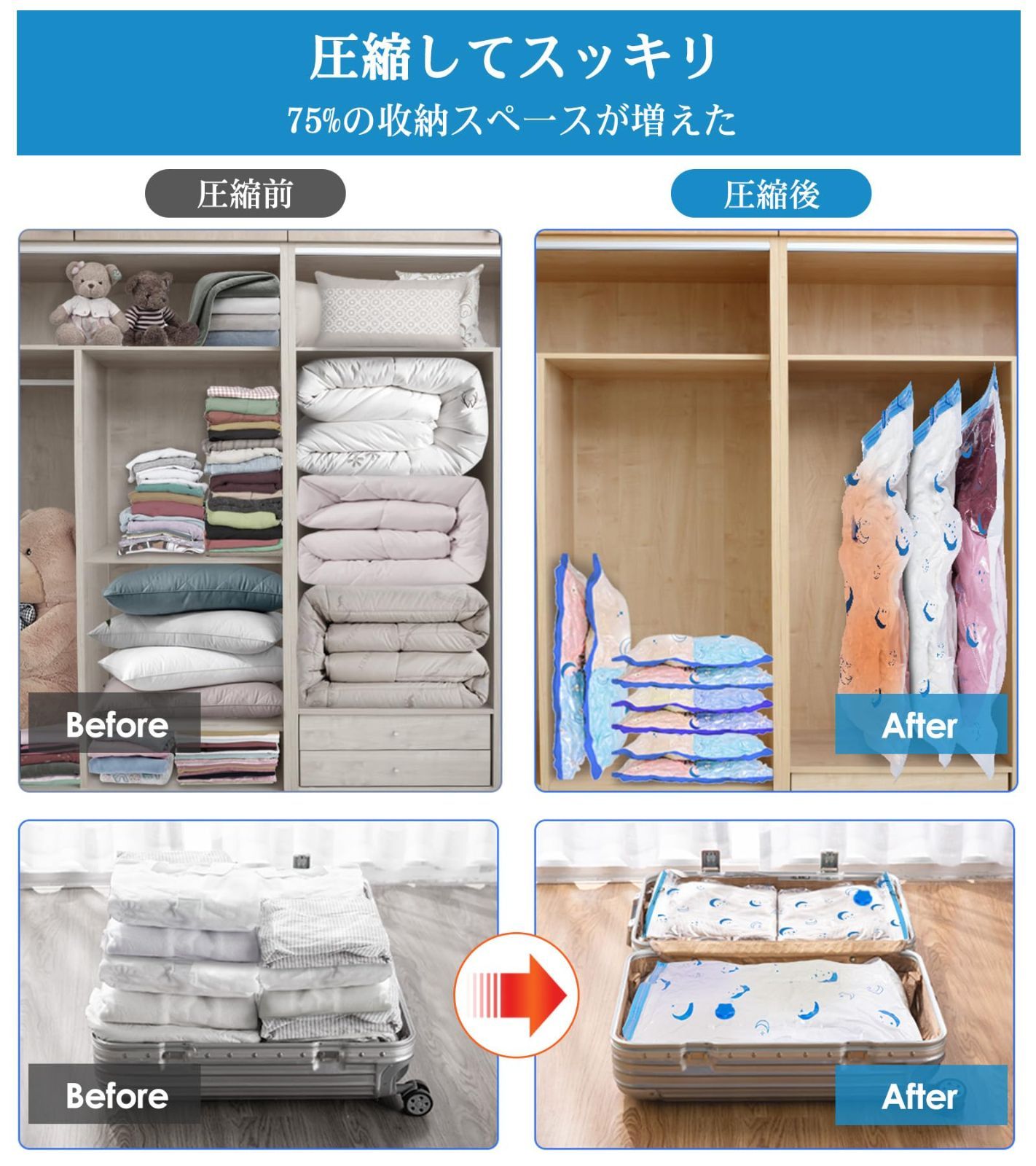 押入れ収納 クローゼット収納 空気抜き 真空圧縮収納袋 バルブ式 省スペース 電動ポンプ付き 8枚組 100×70cm 布団圧縮袋