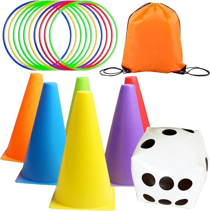 Thumbnail of ABILEAD Ring Toss Set - Extra Large 30cm Dice, 12 Rings, 6 Colored Cones, and a Backpack-Style Storage Bag - 20 Piece Set - Family Fun, Educational Toy, Indoor/Outdoor Play for Kids (Storage Bag: Orange)
